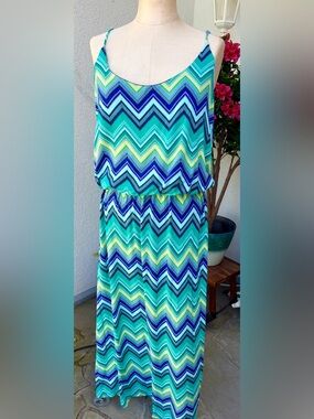 Belle Du Jour Chevron Maxi Dress in Teal, Navy & Lime